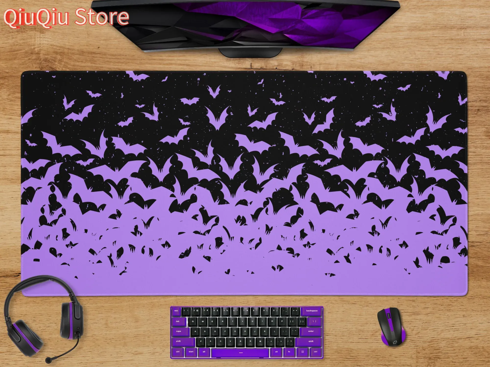 Tradescantia Purple - Bats Halloween Desk Mat Purple Gaming